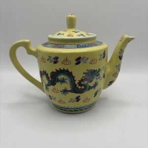 Chinese Jingdezhen Porcelain Tea Pot Yellow Glazed Famille Rose 5Toed Dragons